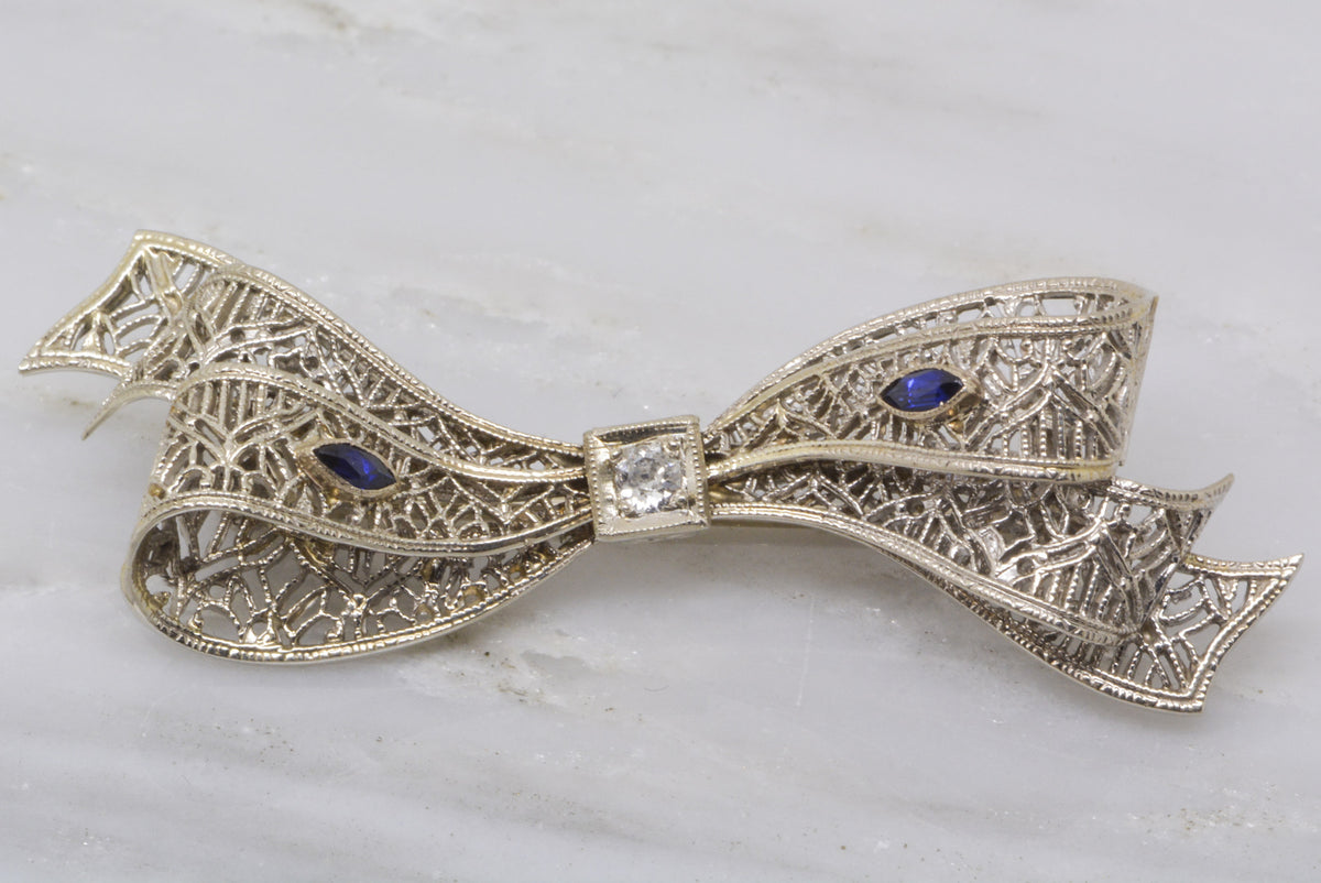 1920s Art Deco 14K White Gold Brooch with Old European Cut Diamond and Marquis Cut Sapphires