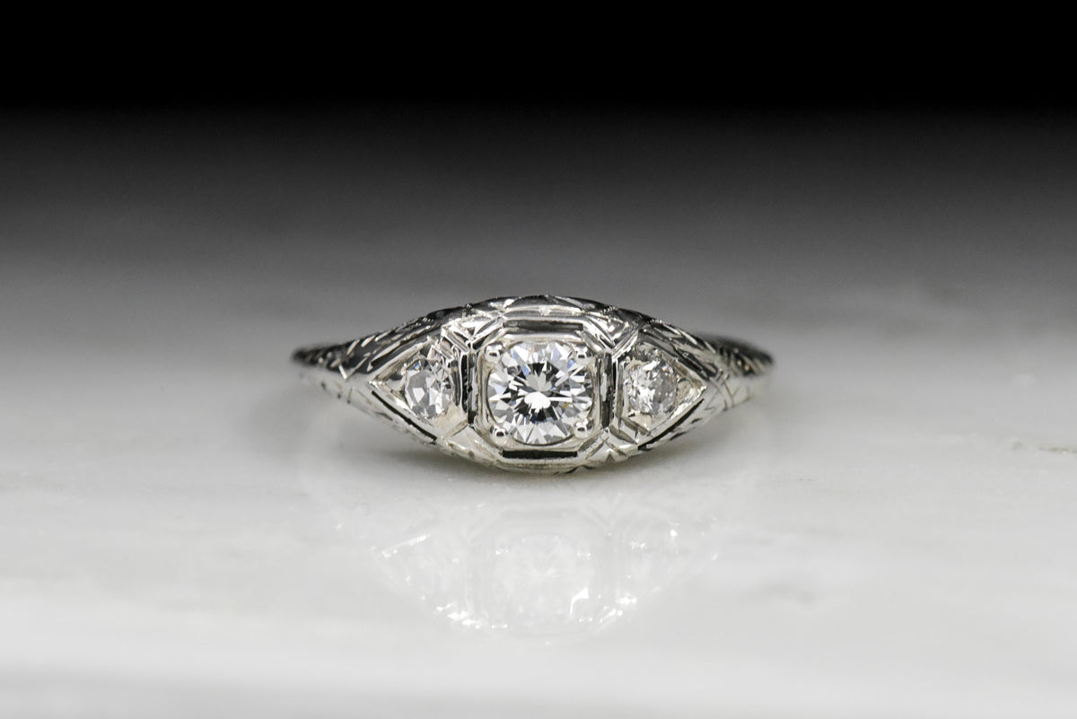 Vintage Art Deco Modern Round Brilliant Cut Diamond Engagement Ring with Edwardian Details