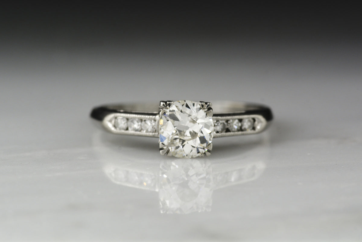 Antique 1940s Retro / Art Deco Engagement Ring with .75 Carat Early Old European Cut Diamond Center