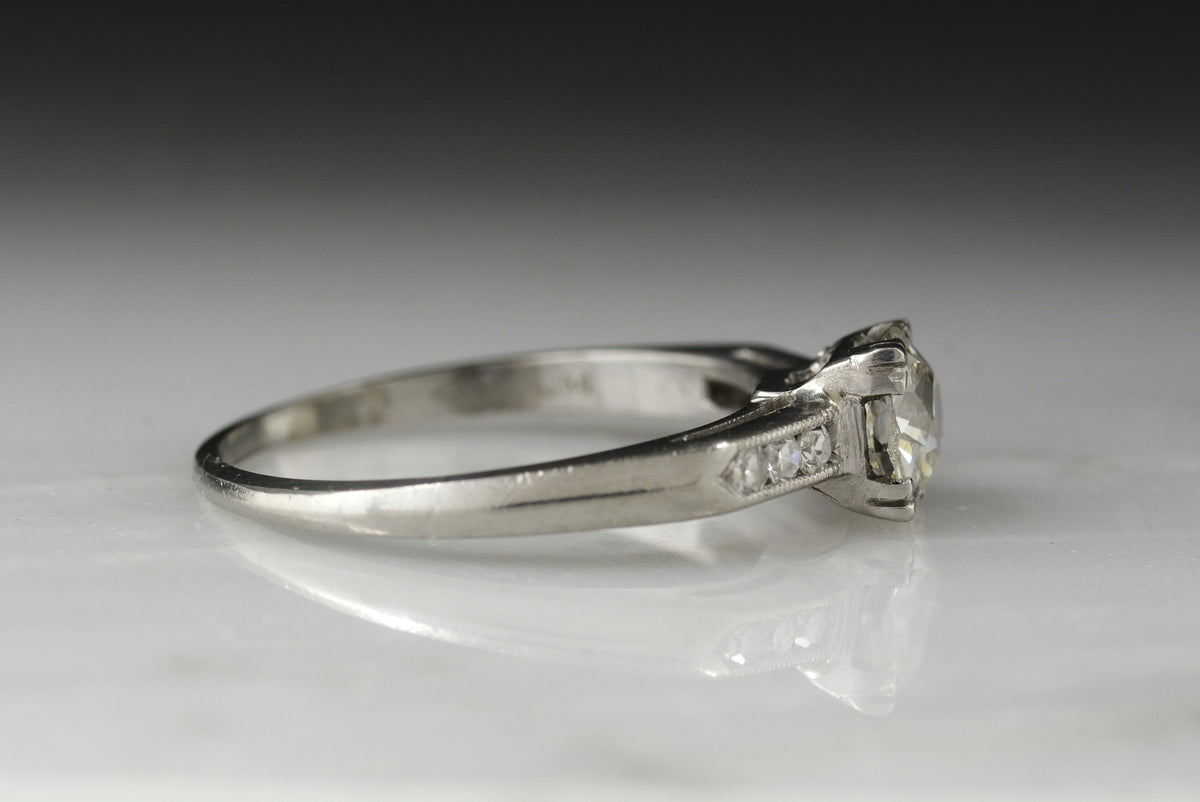 Antique 1940s Retro / Art Deco Engagement Ring with .75 Carat Early Old European Cut Diamond Center