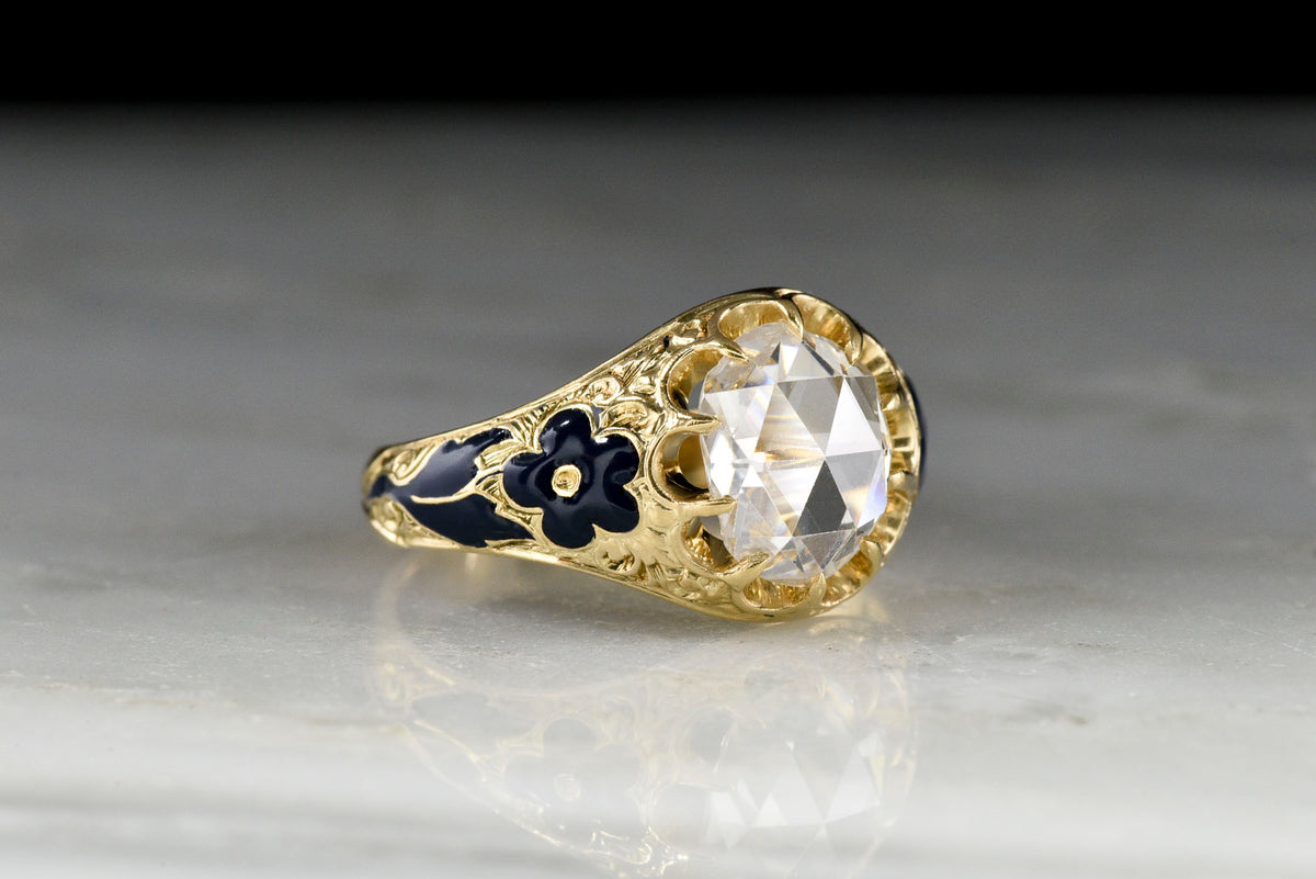 Victorian 18K Gold and Blue Enamel Belcher Ring with an Antique Rose Cut Diamond Center