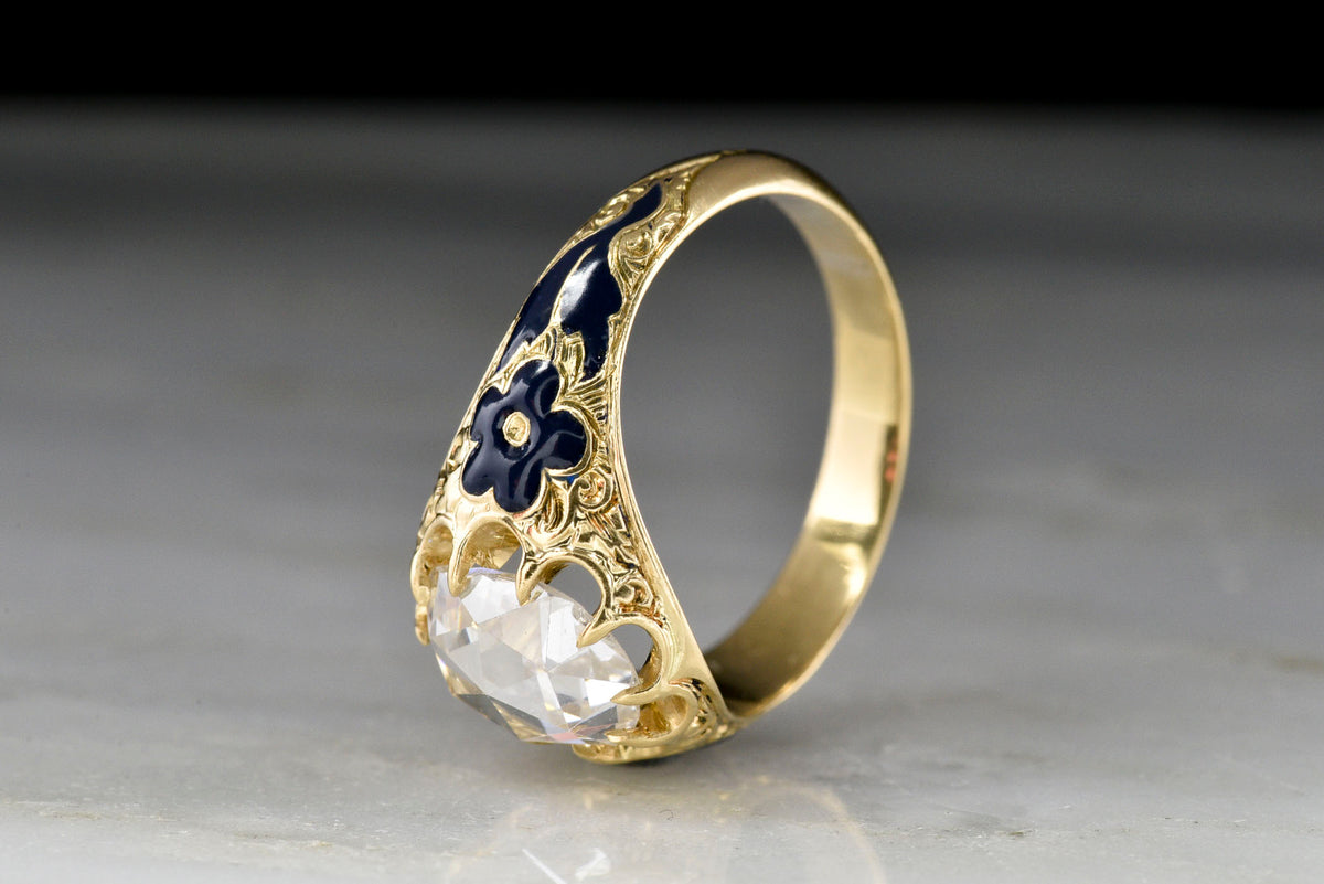 Victorian 18K Gold and Blue Enamel Belcher Ring with an Antique Rose Cut Diamond Center