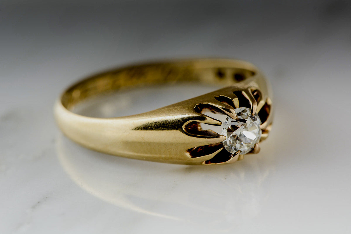 Antique 1893 Victorian Rose-Yellow Gold Engagement Ring with a Round Old Mine Cut Diamond in a Belcher Setting