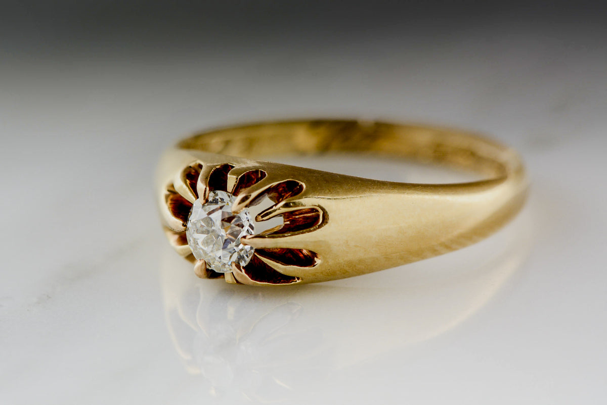 Antique 1893 Victorian Rose-Yellow Gold Engagement Ring with a Round Old Mine Cut Diamond in a Belcher Setting